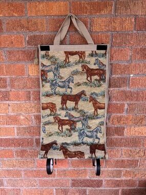 Vintage Tapestry Horses Foldable Shopping Tote With Wheels Western Handles